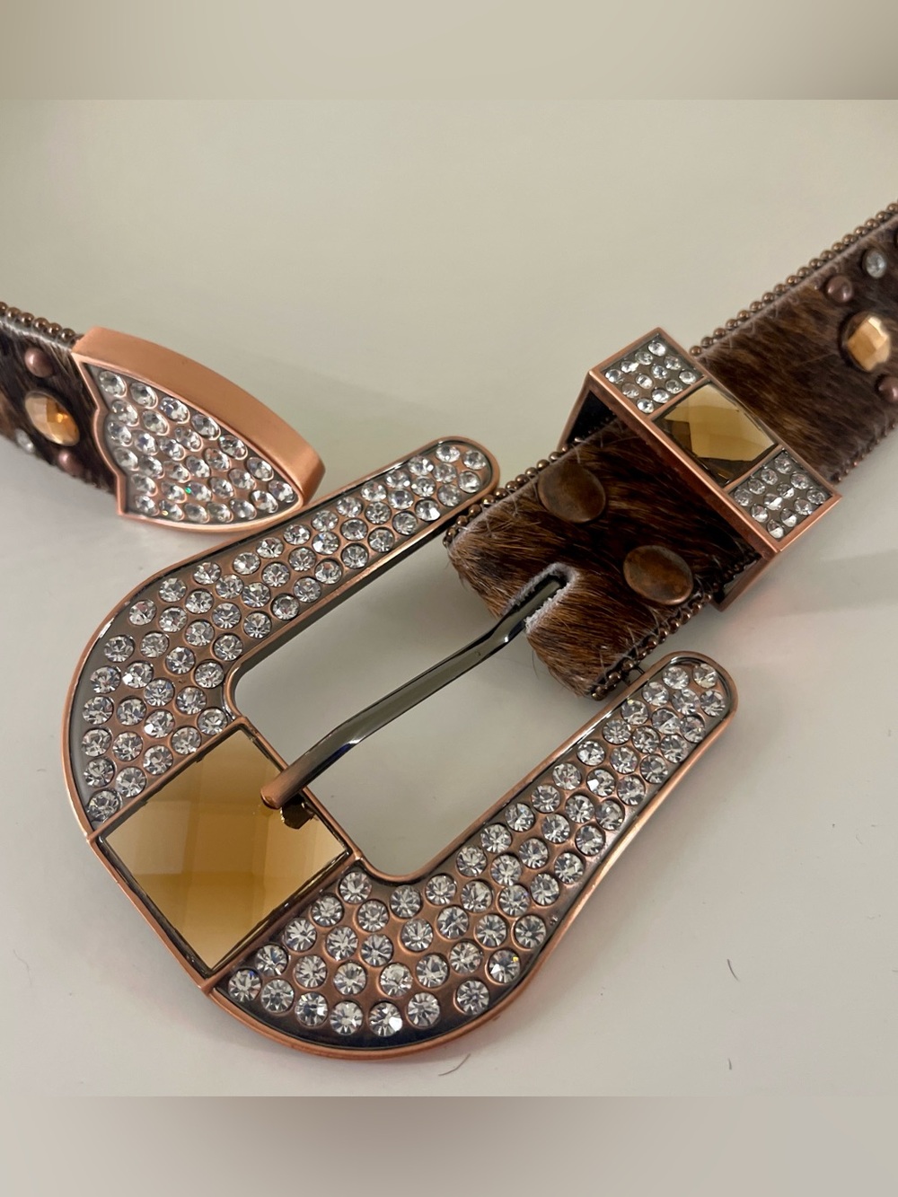 Nocona Ladies Brown Leather Calf Hair Belt w/Rhinestone Buckle - Size M